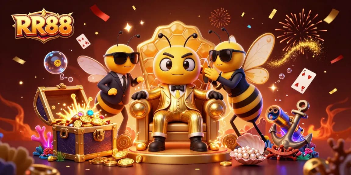 Join the excitement at RR88 with a vibrant 3D scene showcasing casino fun, treasure, and memorable moments.