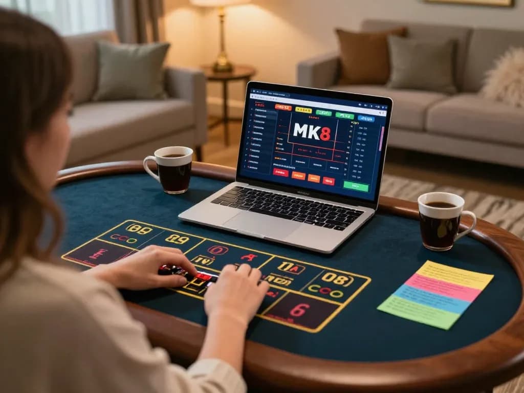Engaging with MK8 live dealer game on a laptop during cozy home gaming session