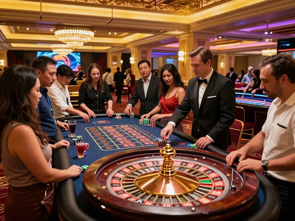 Experience the excitement of roulette at Bet88 with players actively betting on a luxurious casino floor.