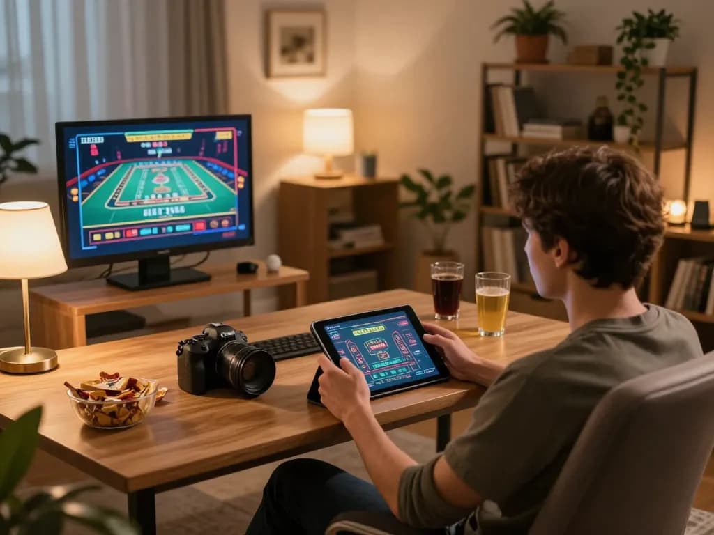 Engaged player using WIN4U login on tablet in cozy home setting for online gaming fun
