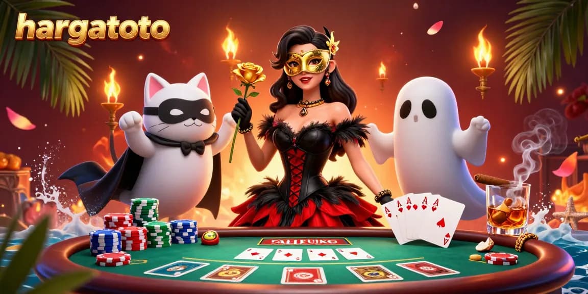 Rayakan kemenangan dengan hargatoto di kasino yang bersemangat, menampilkan elemen poker dan suasana yang menawan.