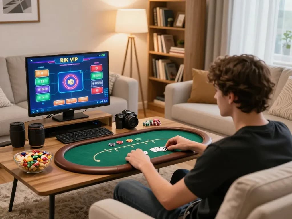 Engaged player strategizing in RIK VIP online poker game at home with laptop and snacks