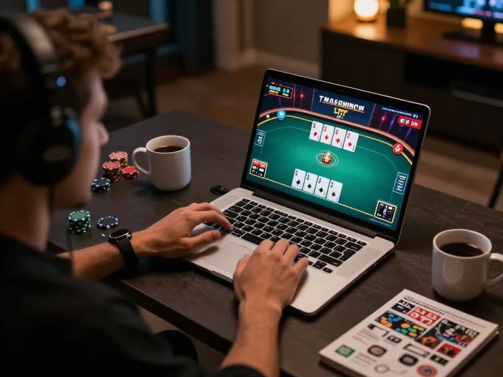 NK88 online poker session with professional gamer deeply engaged in strategy and gameplay.