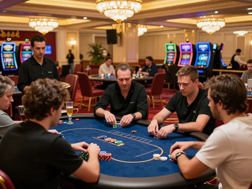 LIGA2000 poker game in an upscale casino with players strategizing over chips, showcasing excitement and competition.