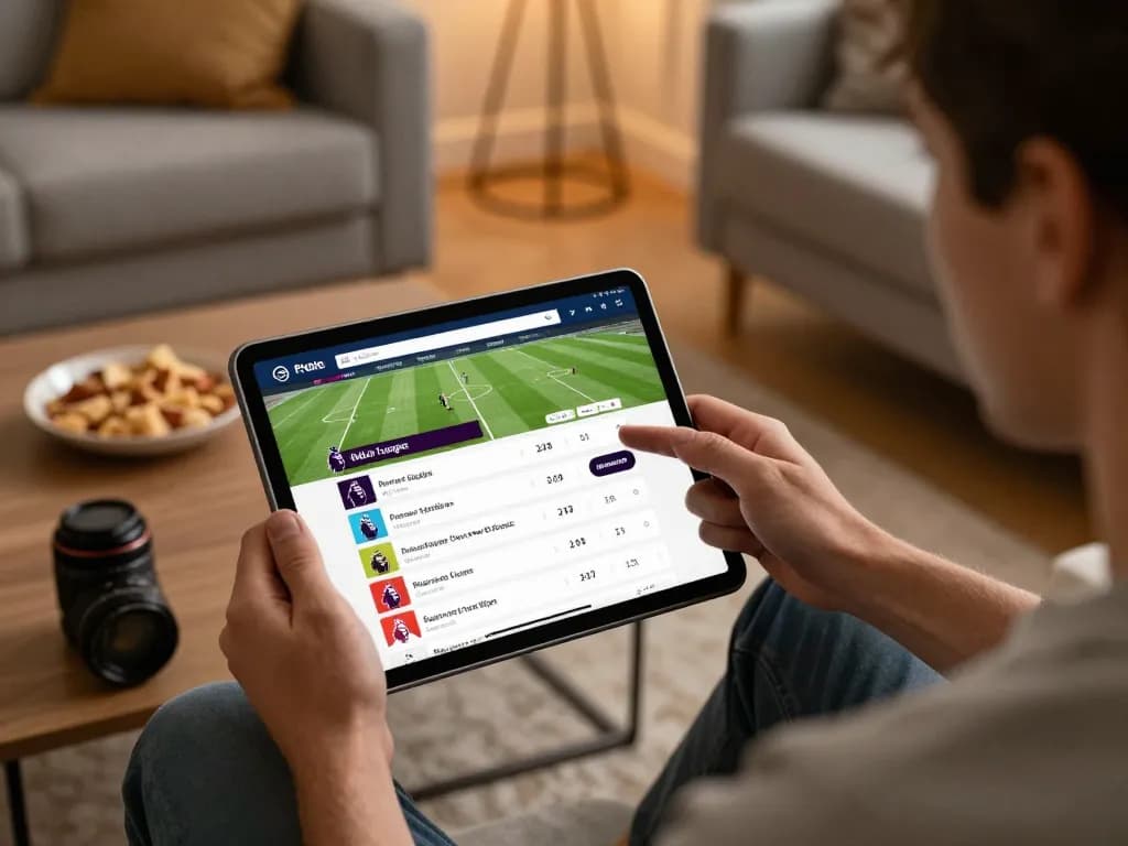 Engaging in online sports betting at https://keonhacai5.mobi/, user focuses on Premier League odds while relaxing at home.
