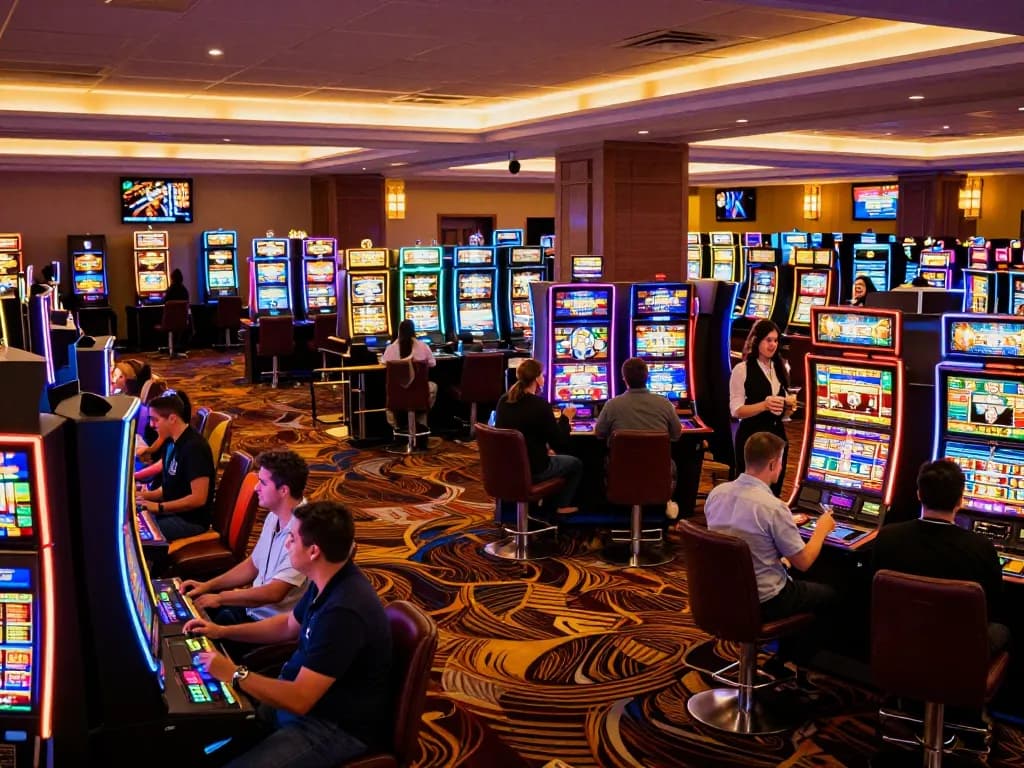 SKY138 kegembiraan bermain saat para pemain menikmati mesin slot yang cerah di lingkungan kasino mewah.