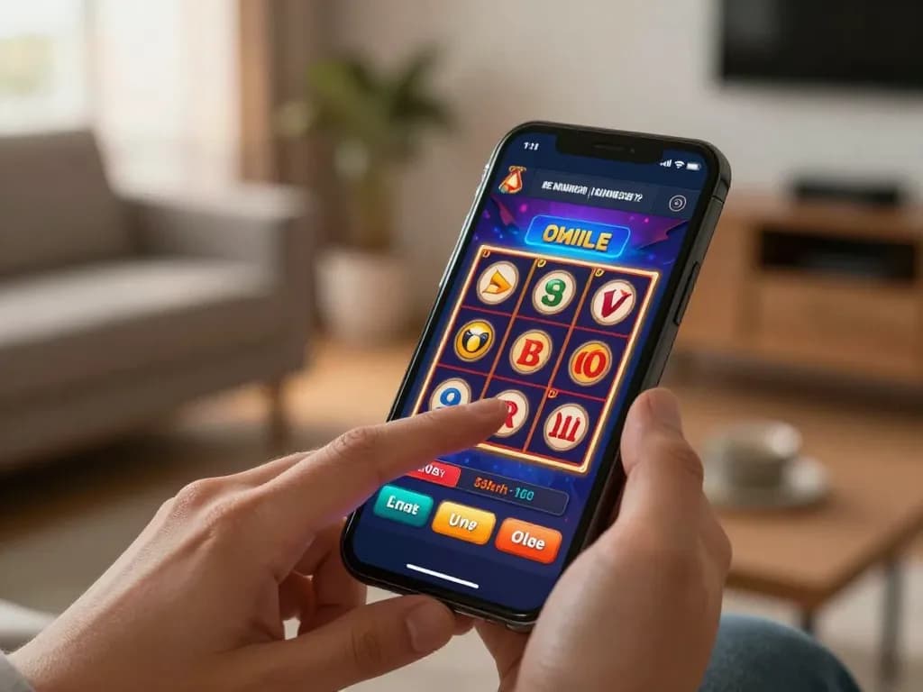 Engaging gameplay on link gacor slot machine interface displayed on smartphone in cozy home setting.