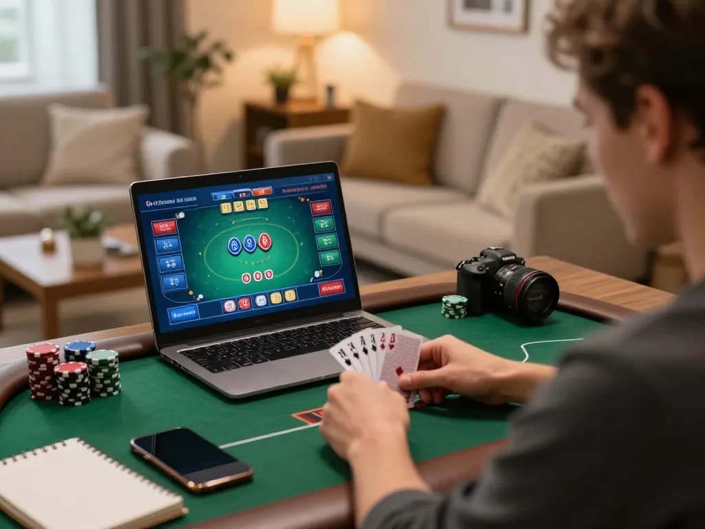 Engaged player analyzing poker game on laptop while utilizing debet betting strategies at home.