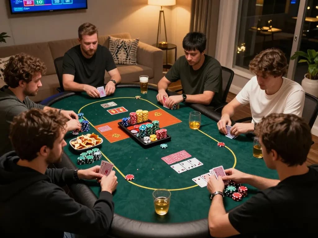 MB66 online poker game with friends enjoying gameplay in a cozy home setting featuring vibrant digital interface.