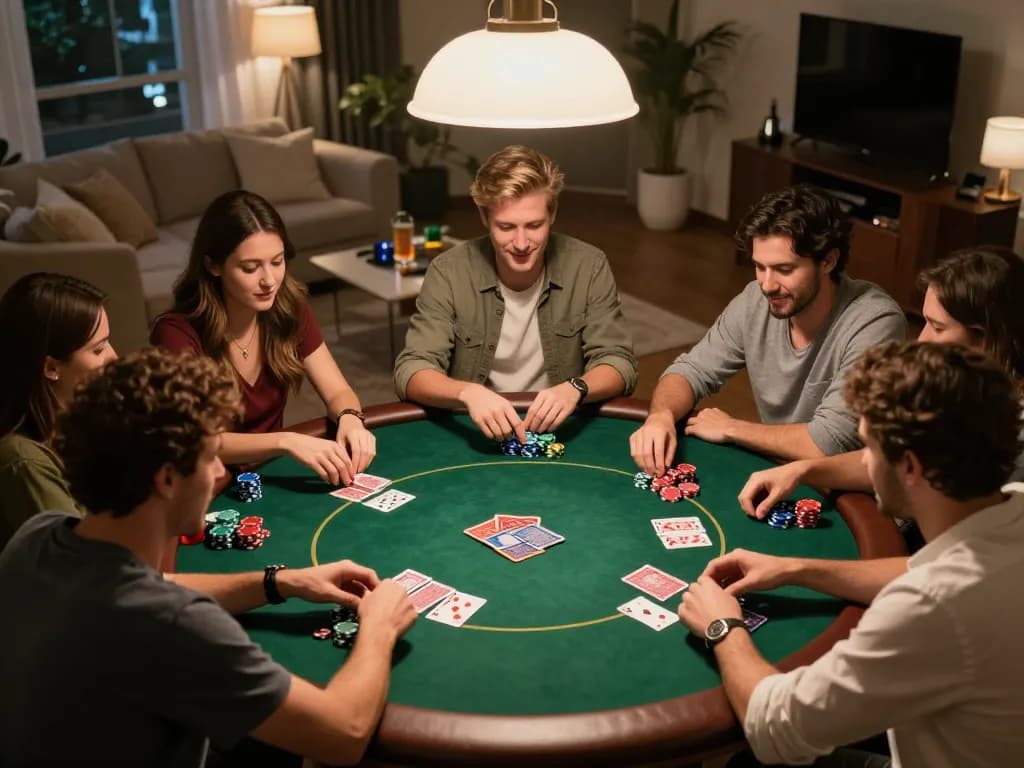 Friends enjoying a poker game at home, illustrating lclc88 strategies and camaraderie in gambling.