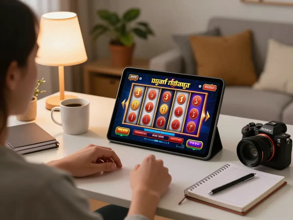 Berjudi pada permainan slot aman788 di tablet dalam suasana rumah yang nyaman dengan catatan strategi yang terlihat.