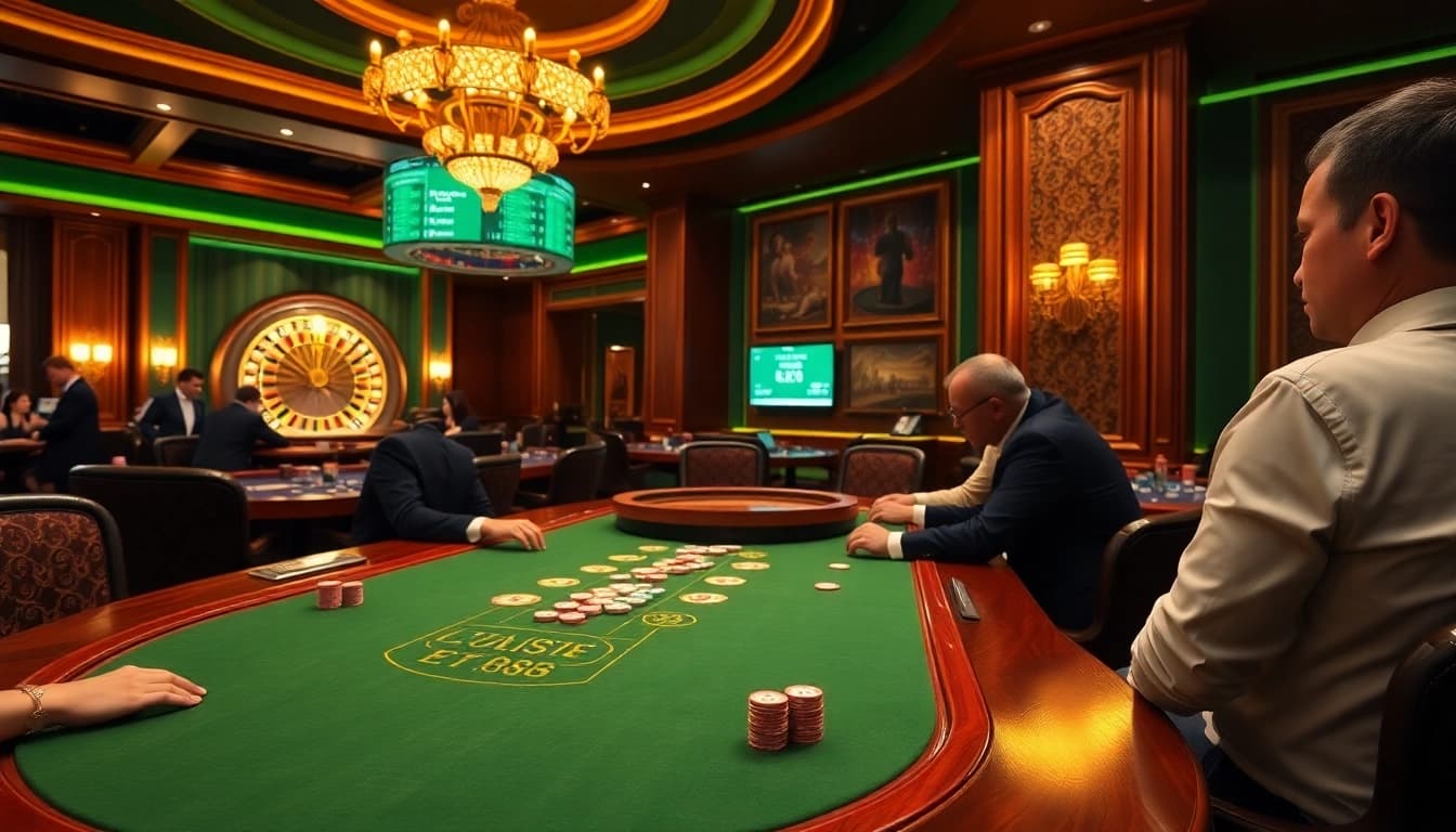 Engaged gamblers playing poker, featuring bem88 at a luxurious casino.