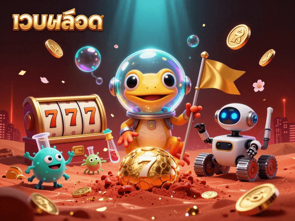 Engage with เว็บสล็อต dynamics as a gecko in space finds a buried casino amidst gold and vibrant symbols.