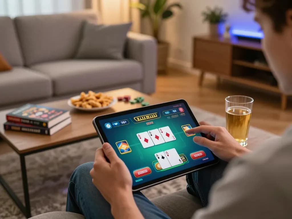 Player actively engaged in soc88 online poker game, showcasing tablet interface and cozy home setup.