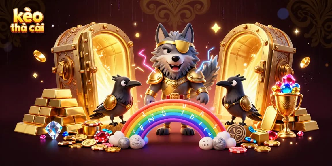 Engage in thrilling kèo nhà cái action with Odin and mythical ravens surrounded by gold treasures and casino chips.