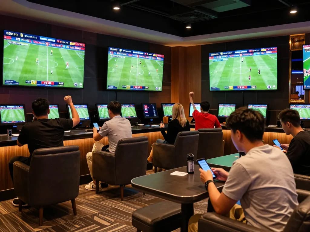 Pelanggan dengan antusias menonton pertandingan sepak bola langsung di sportsbook, memeriksa prediksi SPBO 1.