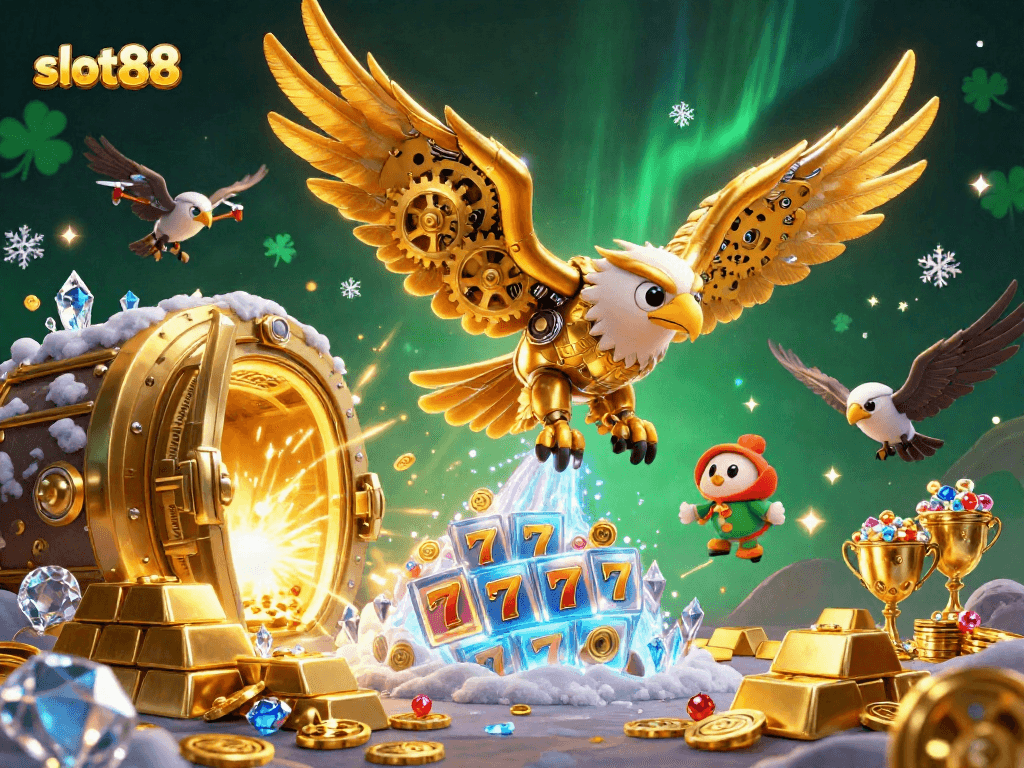 Experience slot88 excitement with a diving cybernetic eagle amidst shimmering slot elements.