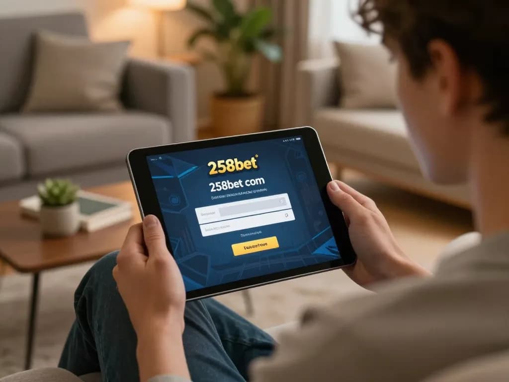 Engaging online gaming scene with 258bet com login interface, inviting living room atmosphere.