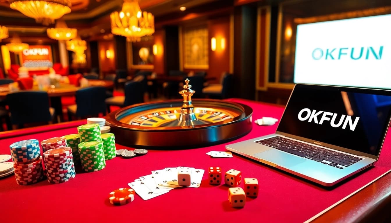 Players enjoy the excitement of gaming at OKFUN's casino, showcasing roulette, poker chips, and vibrant casino aesthetics.