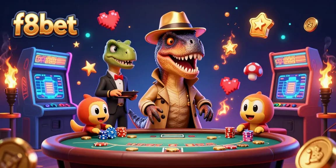 Experience thrilling action with f8bet's vibrant casino scene featuring quirky dinosaur characters.