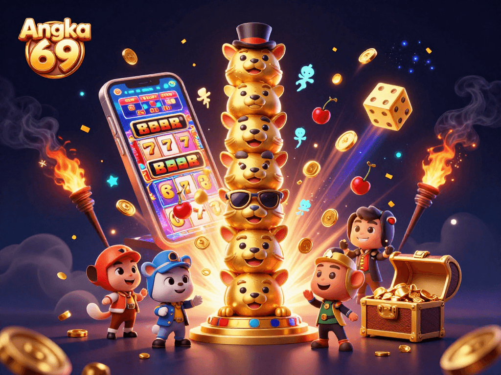 Experience the thrill of Angka 69 with vibrant casino elements and a golden totem pole.