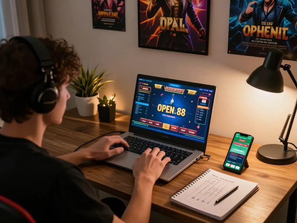 Playing open 88 casino games on a laptop at home, showcasing engaging strategies.