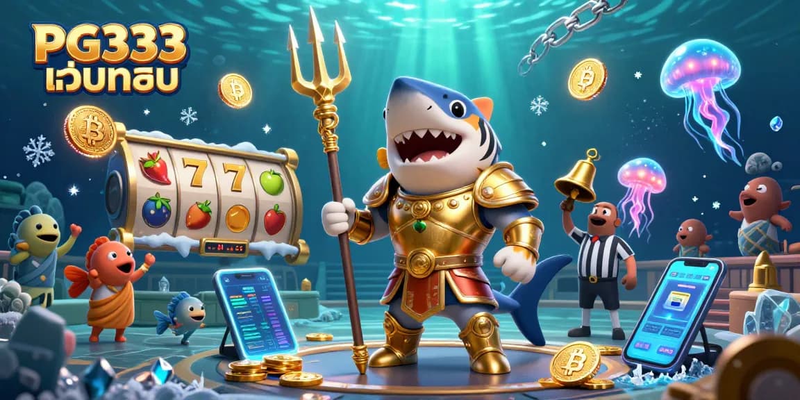 Engage with PG333 เว็บตรง in a vibrant underwater casino filled with slot reels and crypto coins.