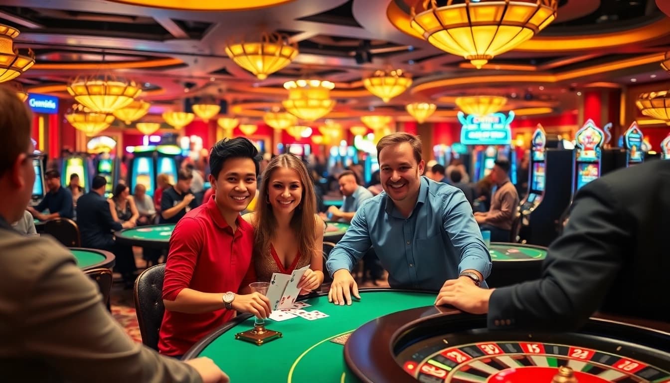 Spiele casino spielen in einem lebhaften Casino mit Spielern und leuchtenden Lichtern