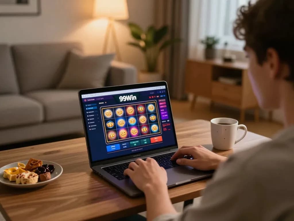 Player enjoying 99Win online casino on a laptop in a cozy living room.