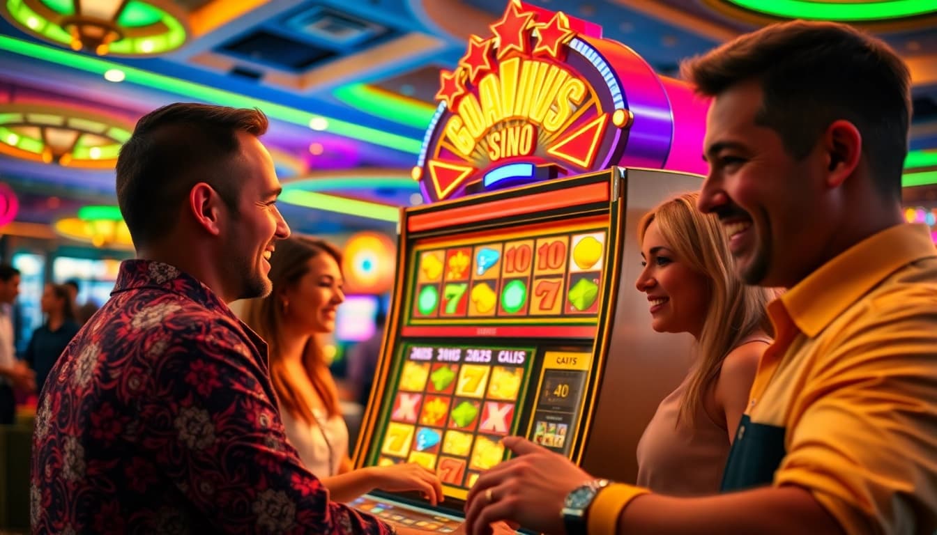 Engaged players enjoying the best online slots at a vibrant casino with digital slot machines.