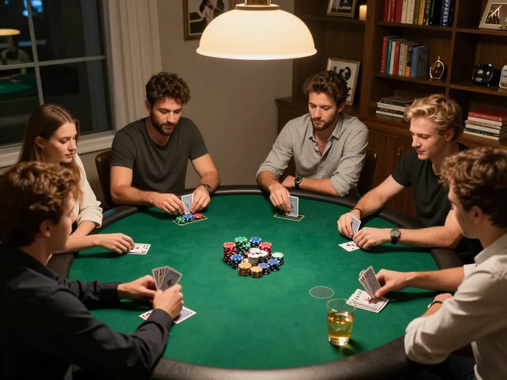 Teman-teman menikmati permainan poker yang ramai di rumah dengan aplikasi Bintangmpo di meja untuk melacak taruhan, suasana santai.