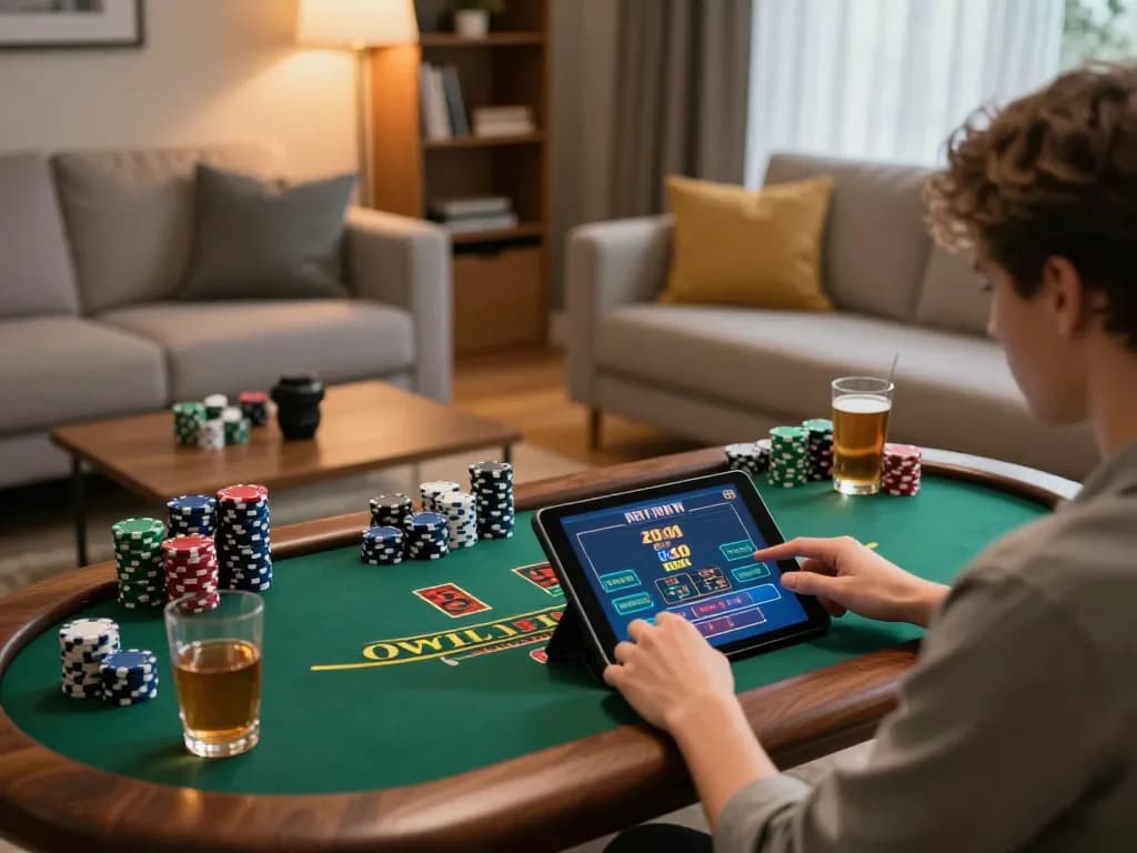 Player enjoying online blackjack on tablet, showcasing qh88eu gaming experience in a cozy atmosphere.