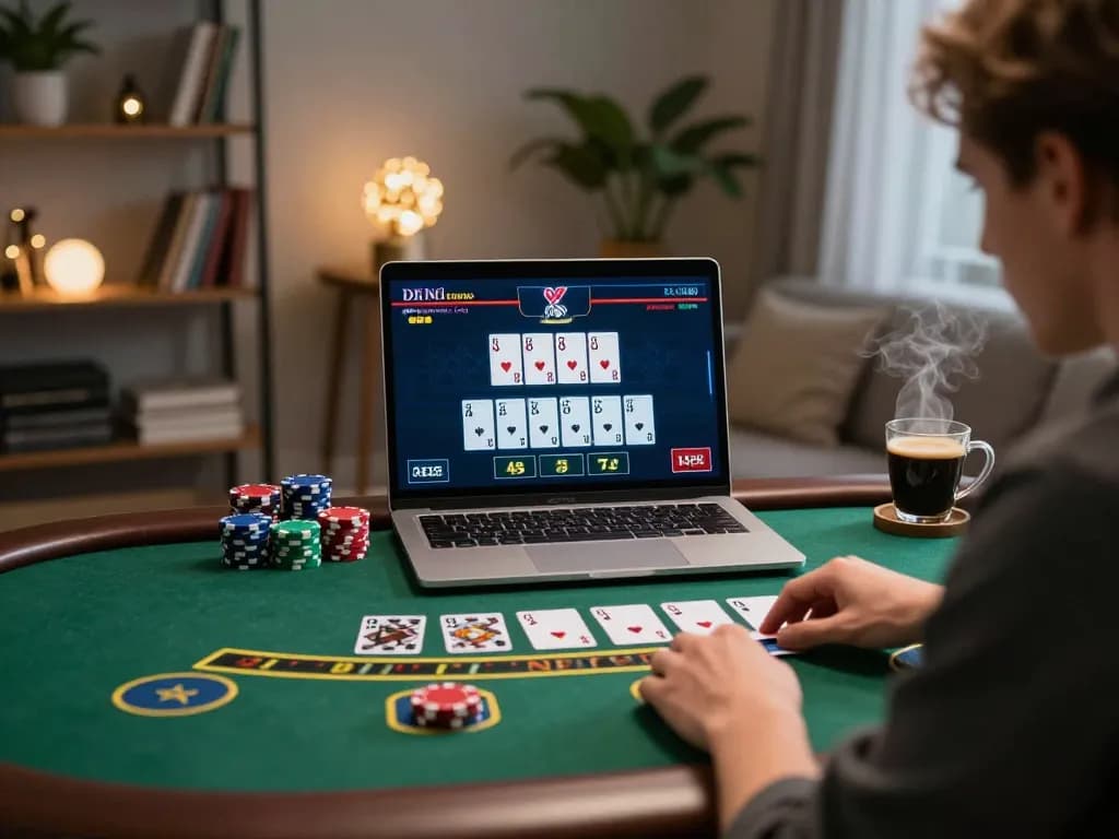 KONG88 player enjoying live dealer blackjack action on laptop in cozy home setting