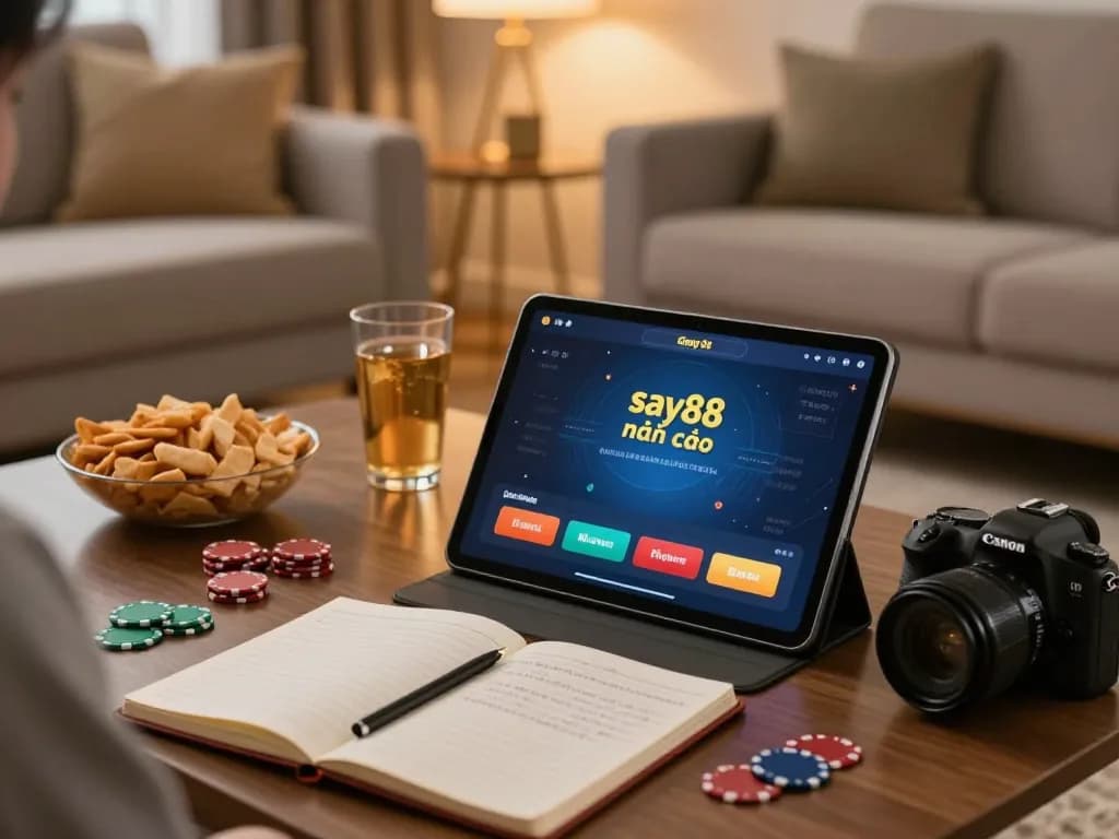 Incorporating say88 nhà cái, a person plays online casino games on a tablet in a cozy living room setting.