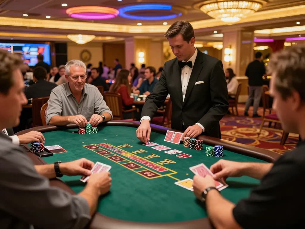 Pemain KOIN888 menikmati aksi blackjack yang intens di meja kasino yang hidup.