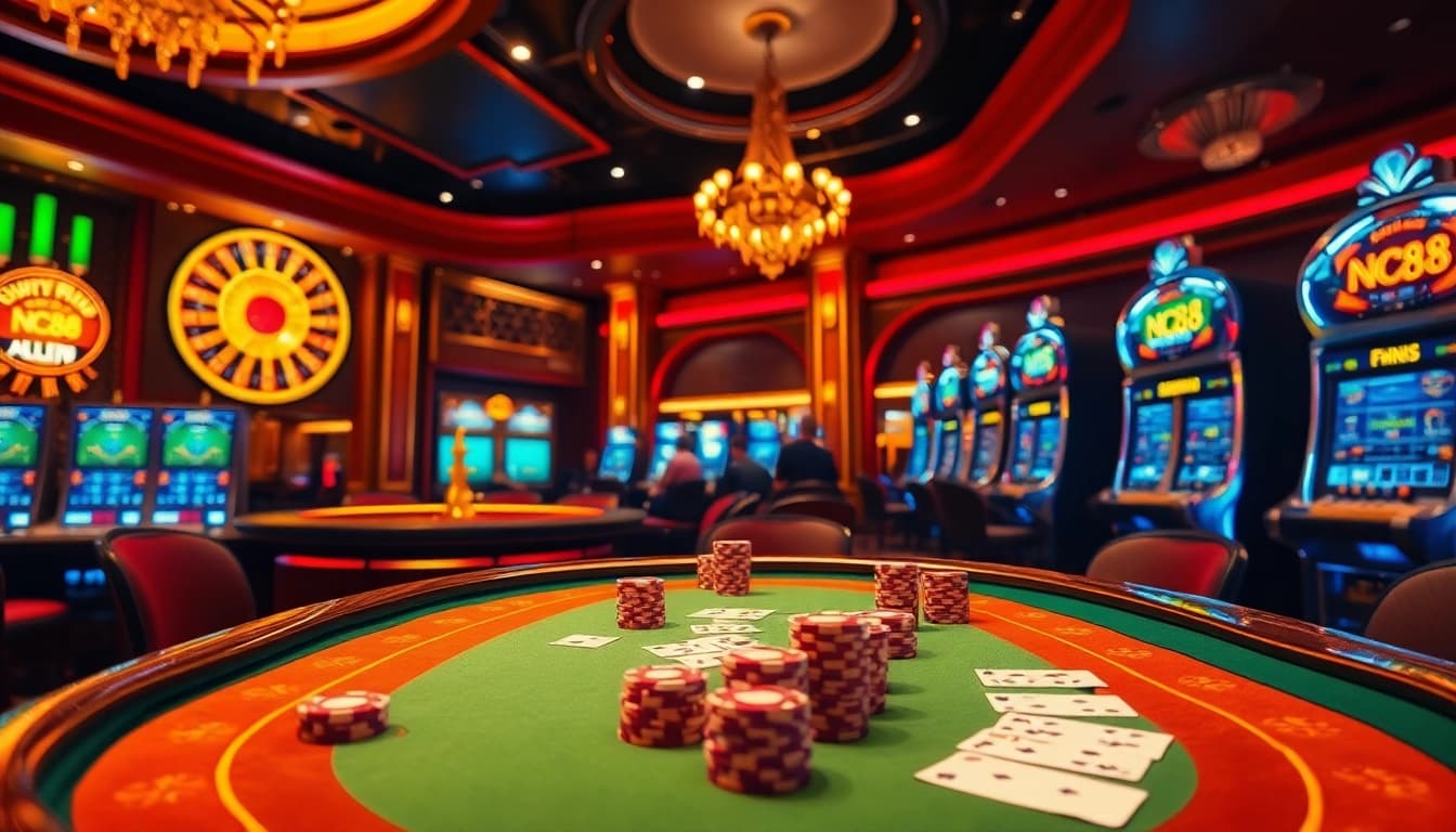 Engage in thrilling gambling at Nc88's luxurious casino with poker tables and slot machines.