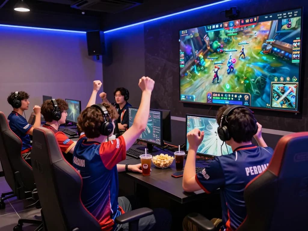 Dota 2 betting scene with excited gamers celebrating a key match moment in a vibrant esports lounge.