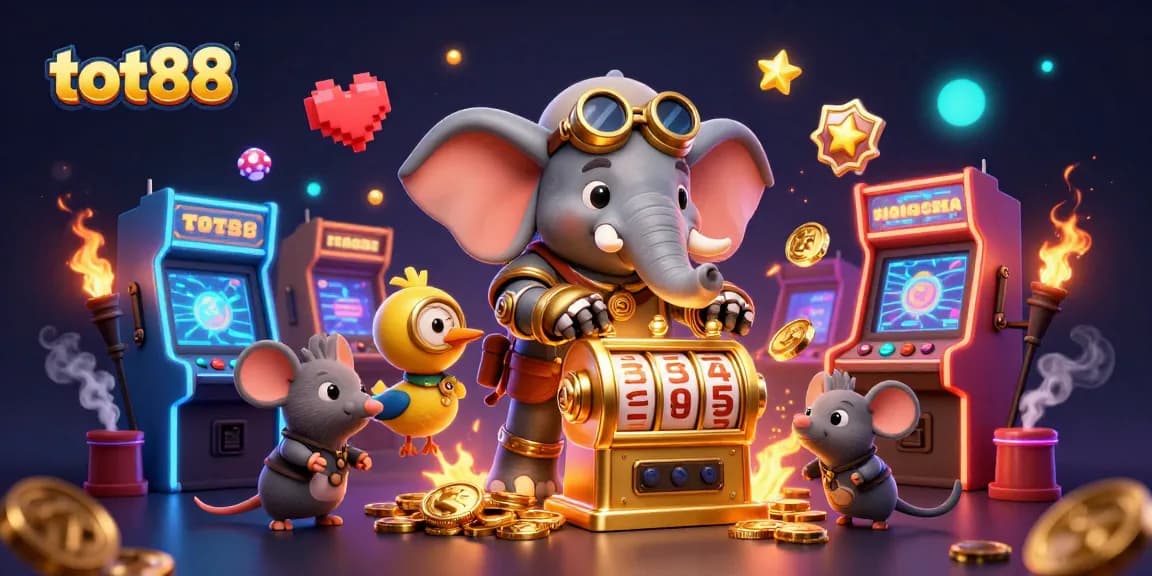 Spin the reels with tot88's steampunk elephant engineer at a vibrant casino scene.