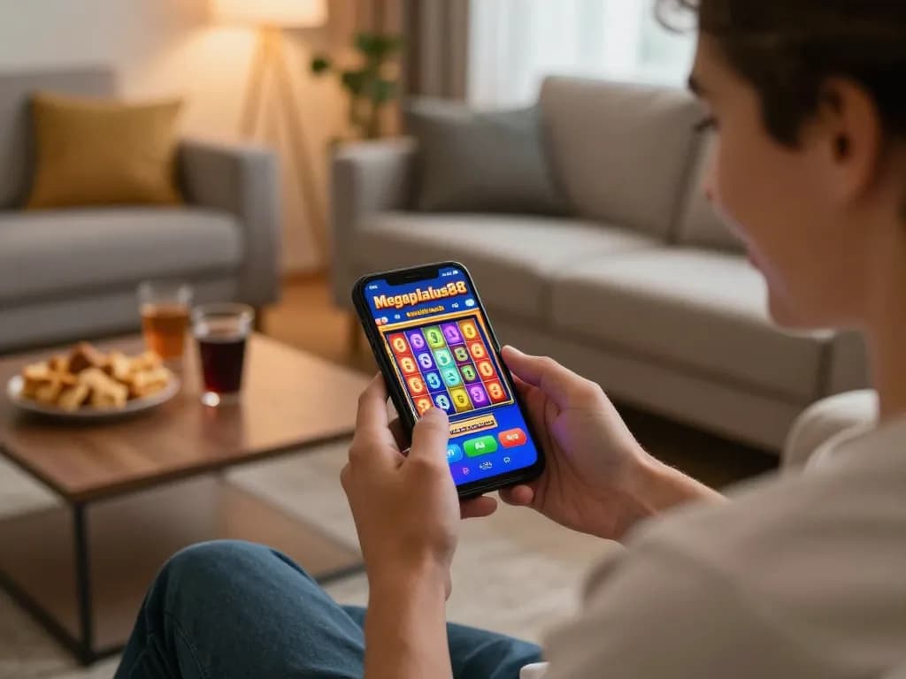 Engaging gameplay on megaplus88 app, player enjoying slot game on a smartphone