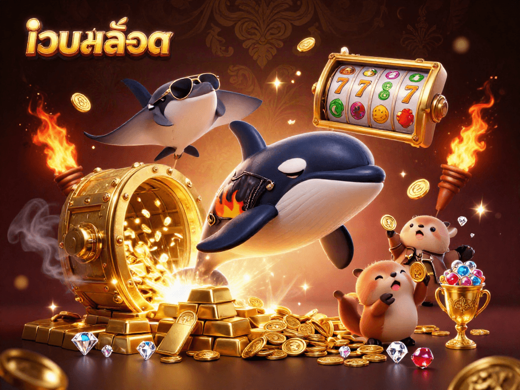 Engage with เว็บสล็อต exciting character scene featuring casino elements like lucky 7s and gold coins.