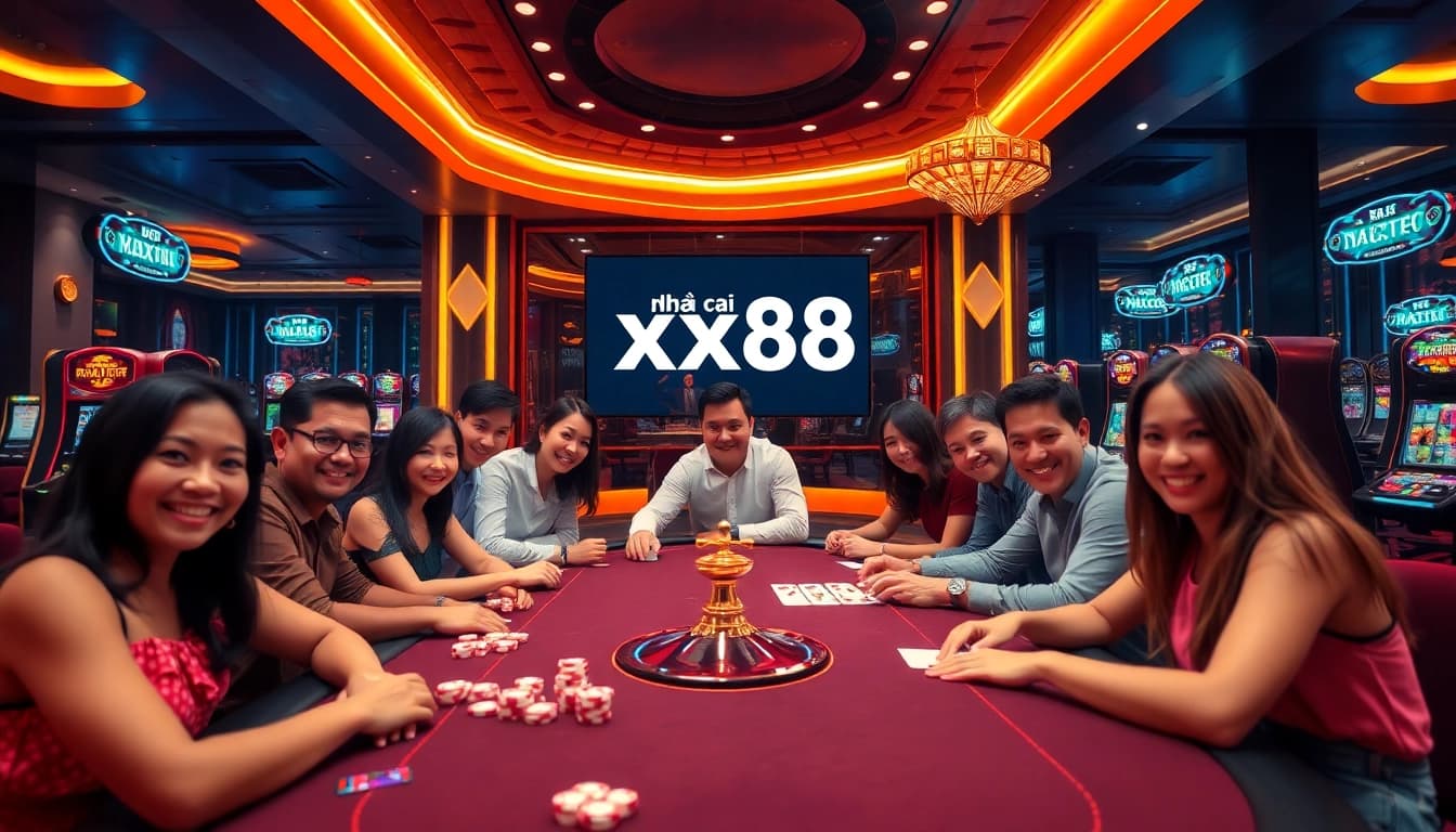 Engaging gamblers at nhà cái xx88 in a vibrant online casino setting with slot machines and poker chips.
