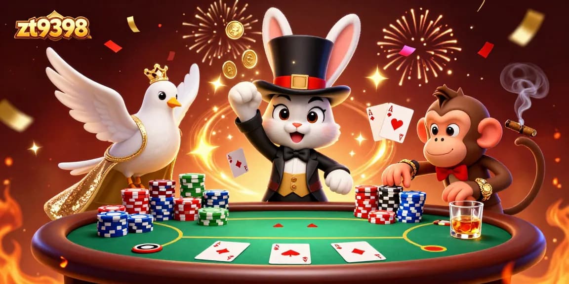 Experience thrilling gaming action at zt9398 with a magician rabbit, poker chips, and golden coins.