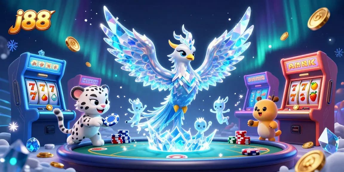 Engage with j88's thrilling world featuring an ice phoenix and slot games in a vibrant casino scene.