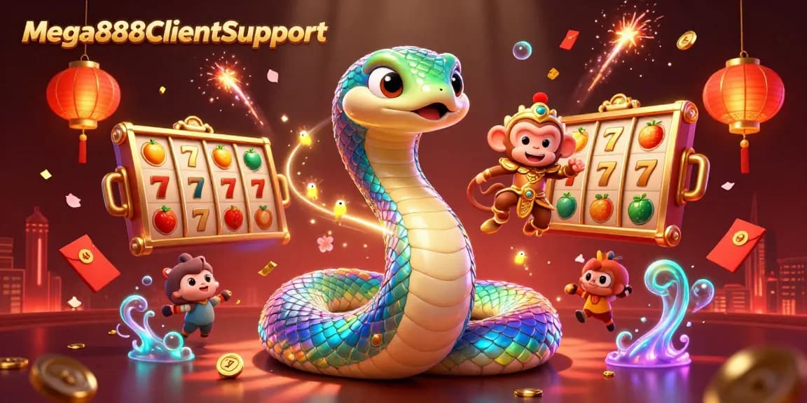 Engage in dynamic Mega888ClientSupport scene, featuring a playful monkey king and rainbow serpent amidst luminous casino elements.