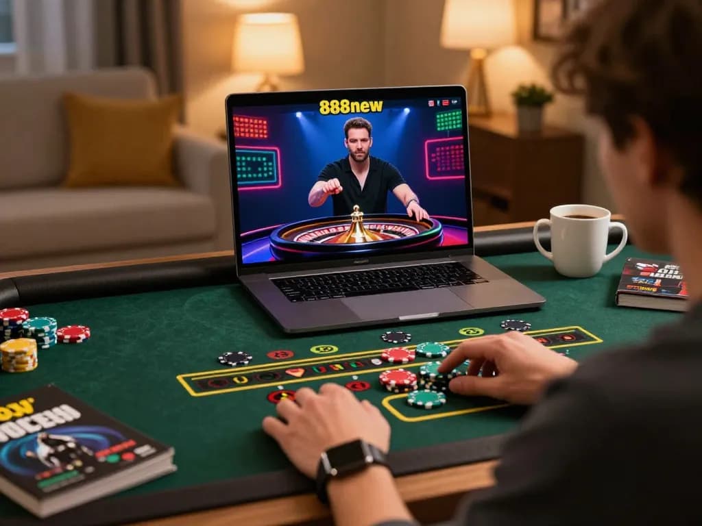 Player engaging in live dealer roulette on 888new from home, showcasing a vibrant gaming setup.