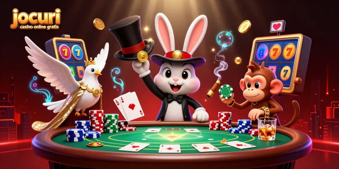 Joacă jocuri casino online gratis în această ilustrație 3D vibrantă cu un magician, o pasăre și un maimuțel.