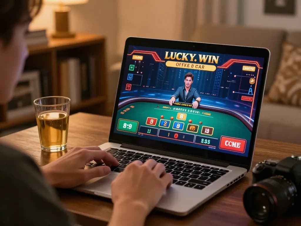 Engaged player enjoying luckywin online casino gaming on laptop in cozy home setup, highlighting dynamic gameplay.