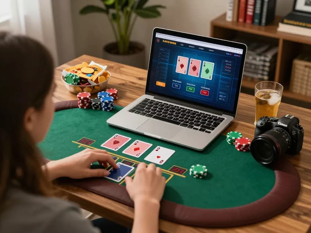 Engaged player using ku88 for live dealer blackjack in a cozy home office setup.