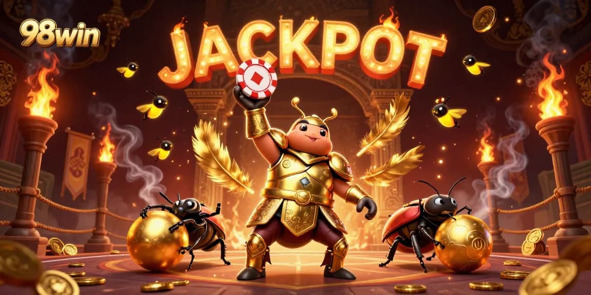 Engage with thrilling 98win casino action featuring a victorious beetle champion under a stunning jackpot display.