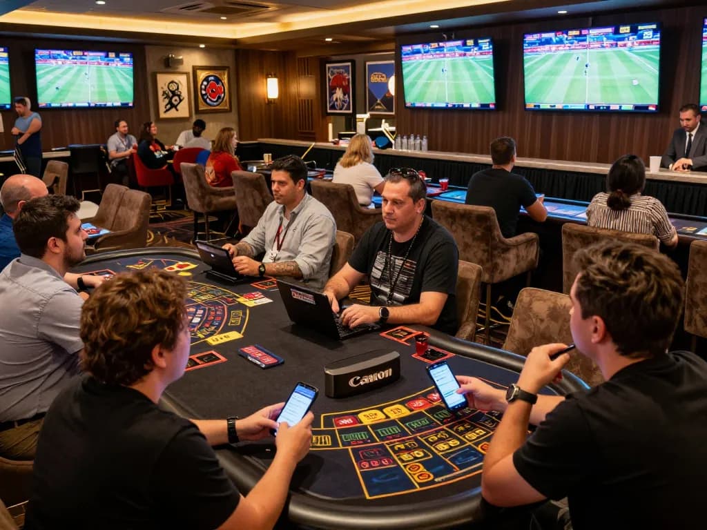 Bsport app user placing a bet in a vibrant sports betting lounge filled with engaged patrons.